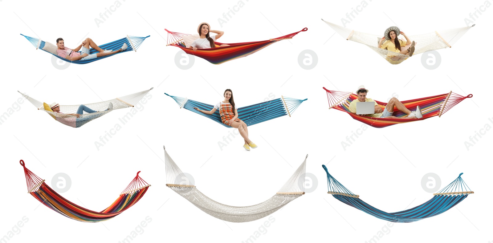 Image of Set with different hammocks on white background. Banner design