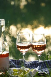 Photo of Delicious rose wine, cheese and grapes on picnic blanket near lake