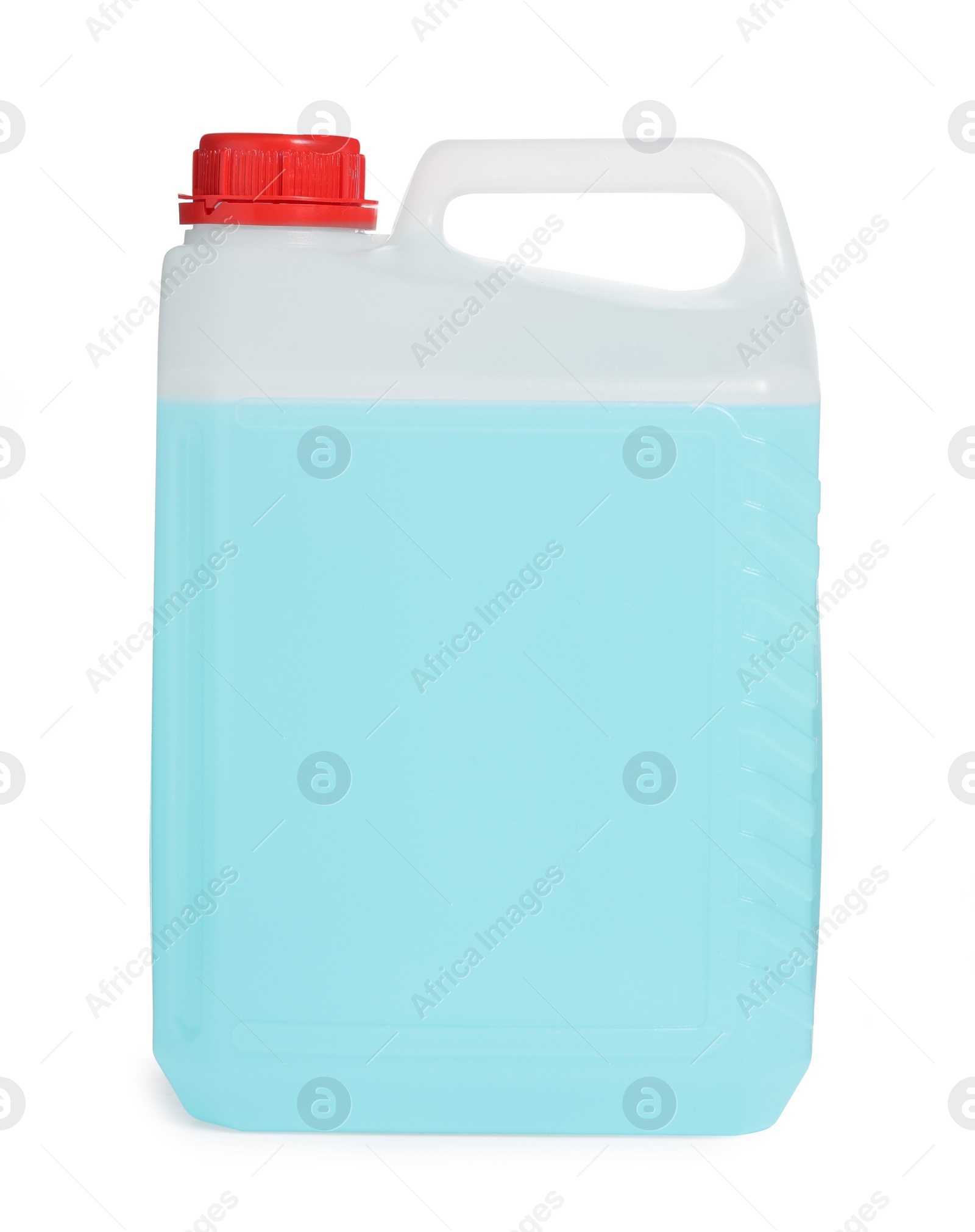 Photo of Plastic canister with blue liquid isolated on white