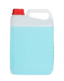 Plastic canister with blue liquid isolated on white