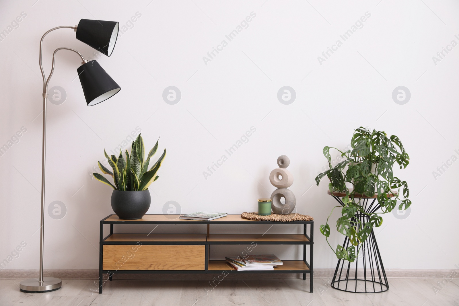 Photo of Elegant room interior with wooden cabinet, lamp and beautiful houseplants near white wall