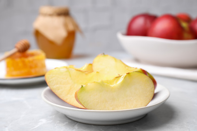 Photo of Apple slices near honey on light grey marble table, closeup. Rosh Hashanah holiday