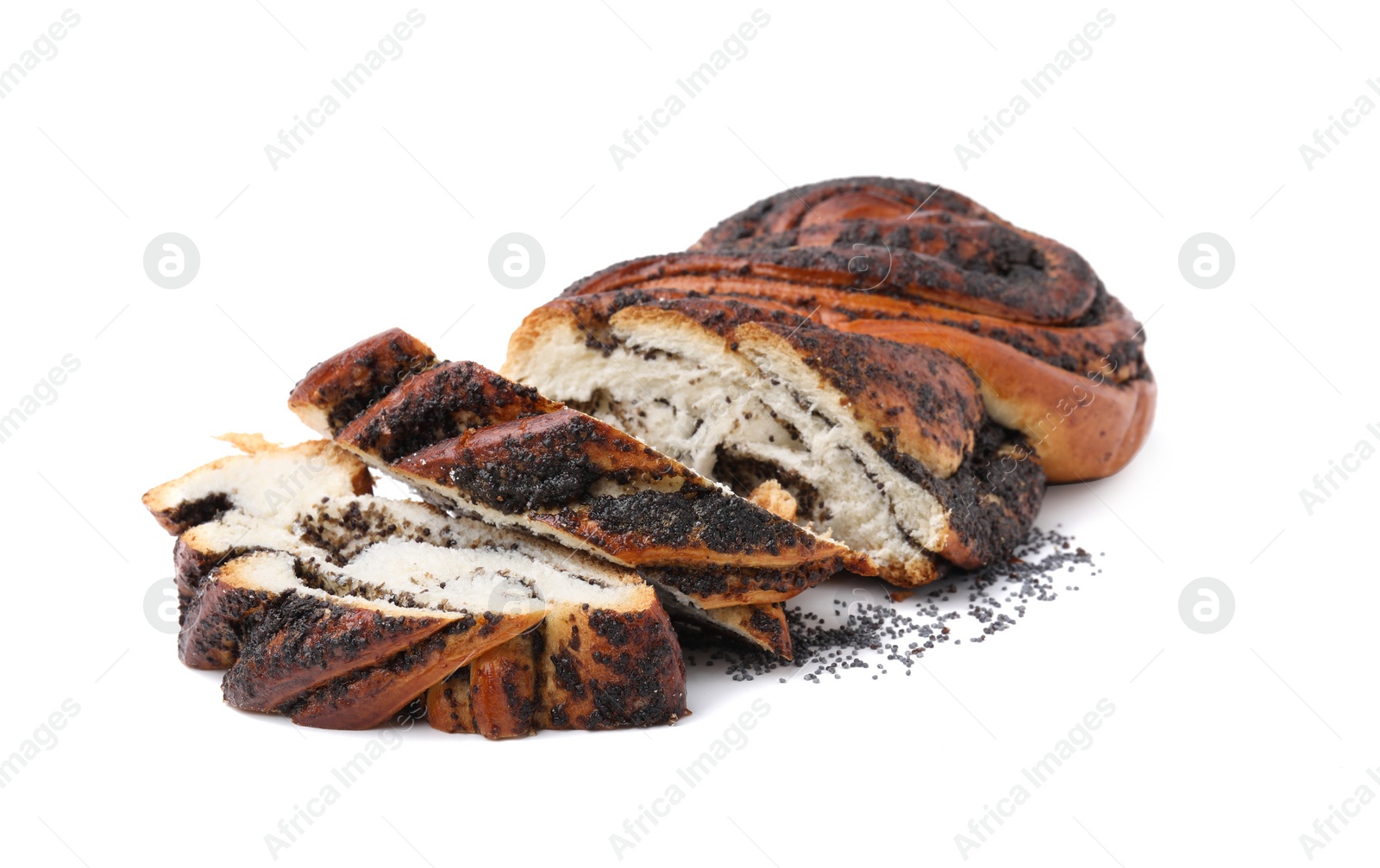 Photo of Cut poppy seed roll isolated on white. Tasty cake