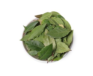 Bowl with bay leaves on white background, top view