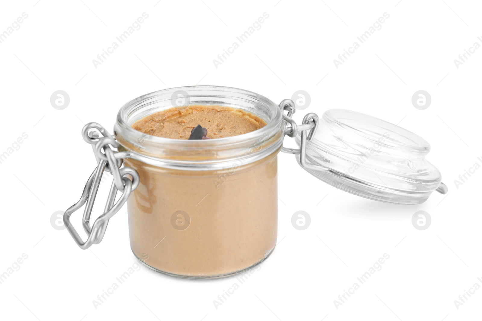 Photo of Glass jar with delicious liver pate on white background