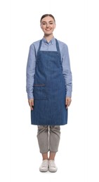 Photo of Beautiful young woman in clean denim apron on white background