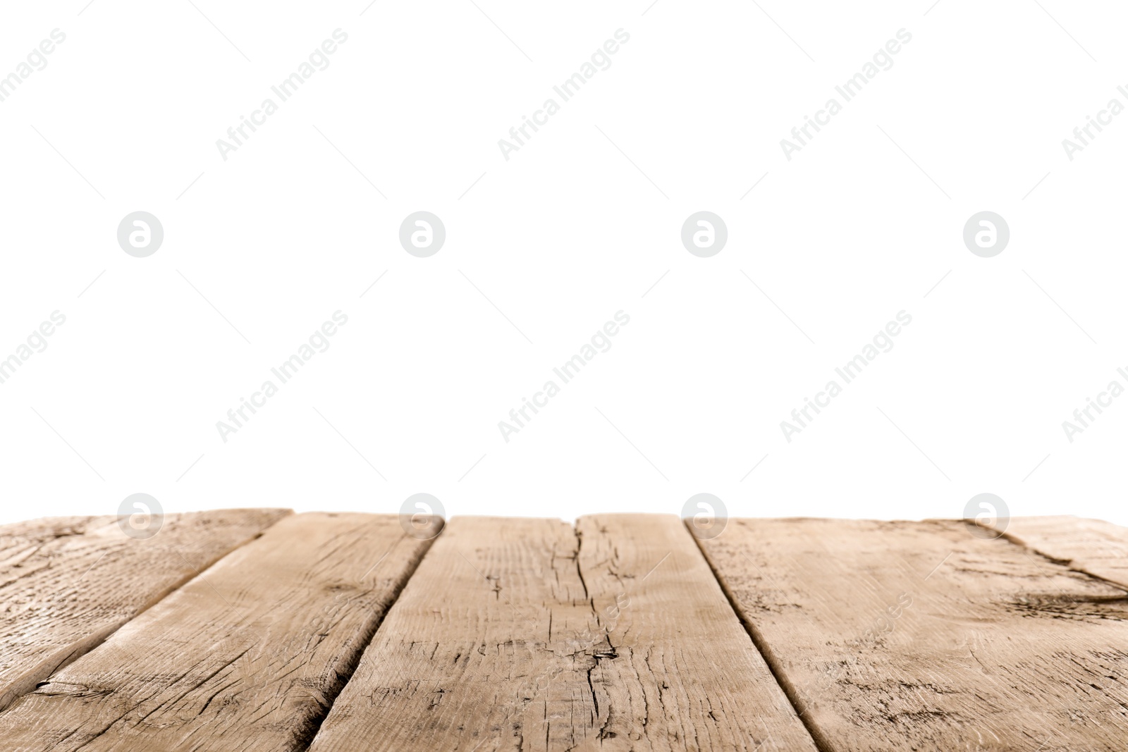 Photo of Empty wooden table surface on white background