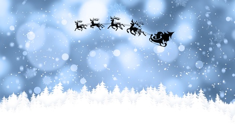 Image of Magic Christmas eve. Santa with reindeers flying in sky on snowy night, banner design