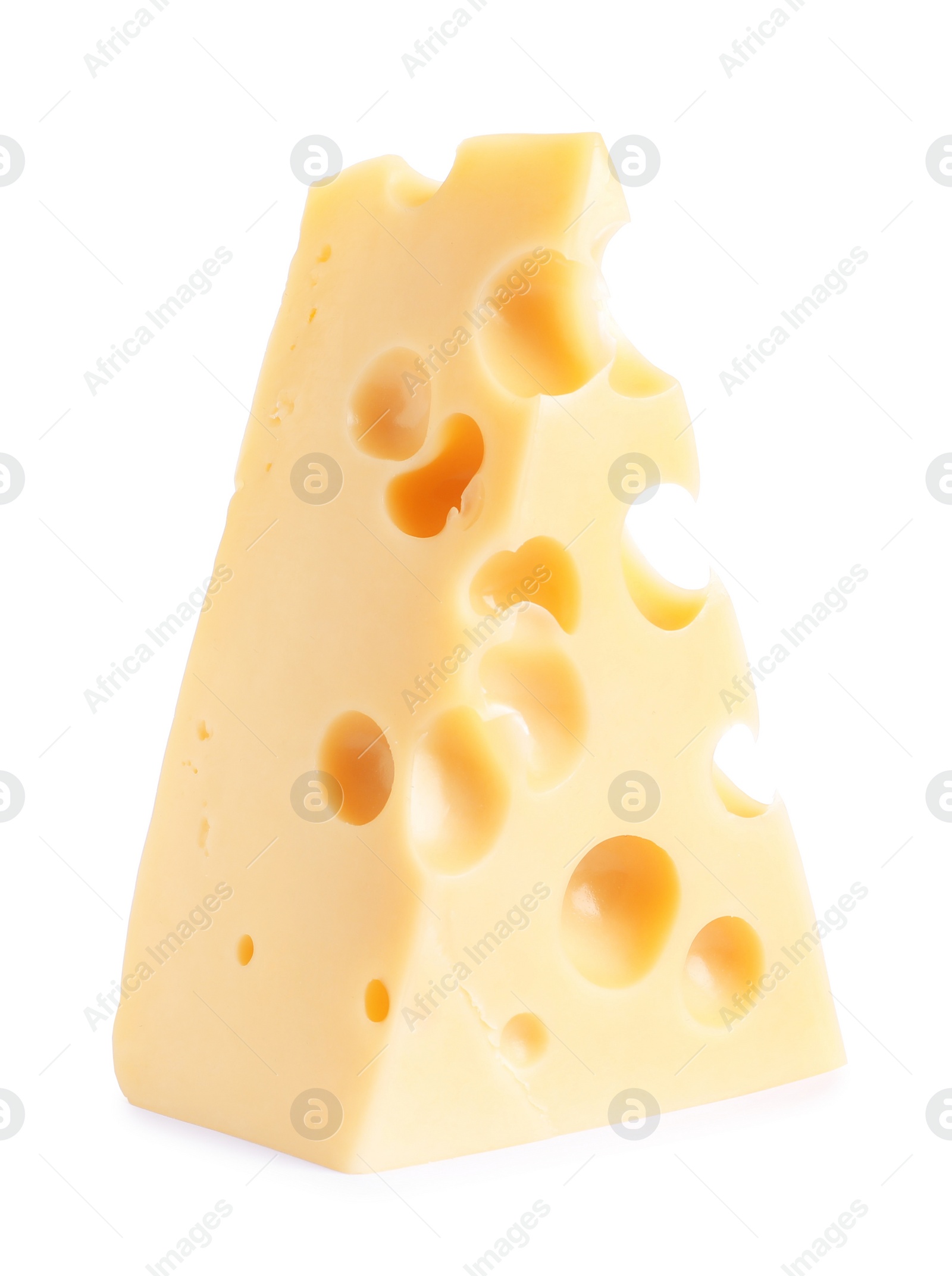 Photo of Piece of cheese with holes isolated on white