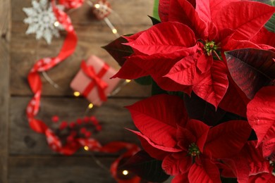 Photo of Poinsettia (traditional Christmas flower) and holiday items on wooden table, top view. Space for text