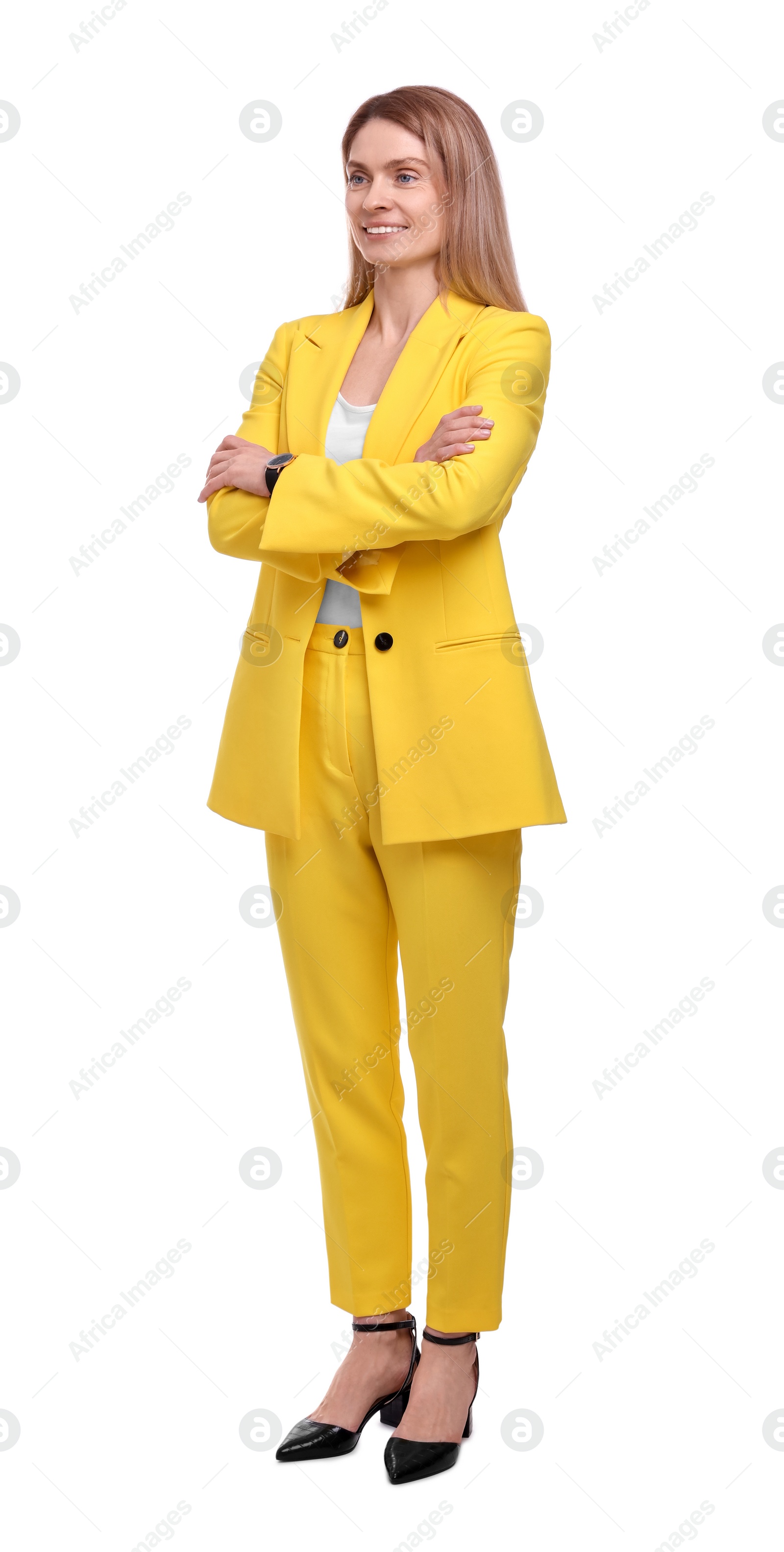 Photo of Beautiful happy businesswoman crossing arms on white background