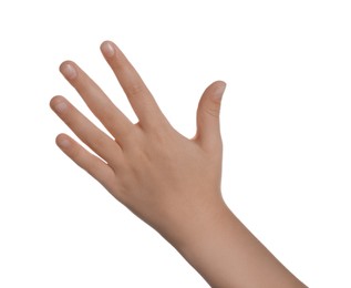Photo of Child showing hand on white background, closeup