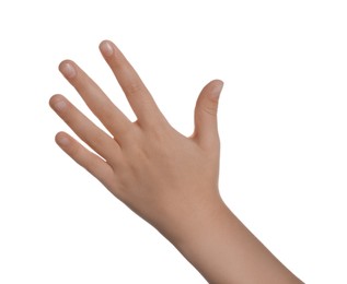 Child showing hand on white background, closeup