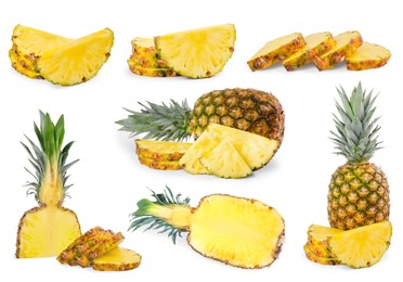 Image of Set with cut and whole pineapples isolated on white