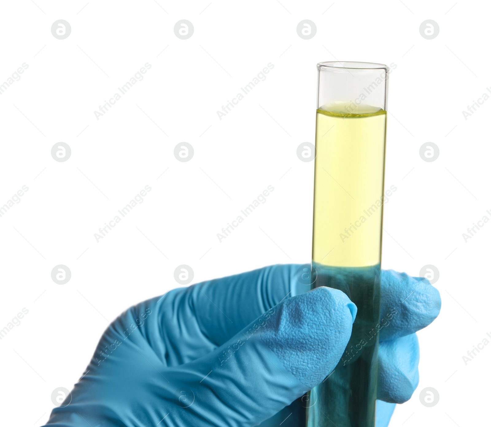 Photo of Doctor holding test tube with urine sample for analysis on white background