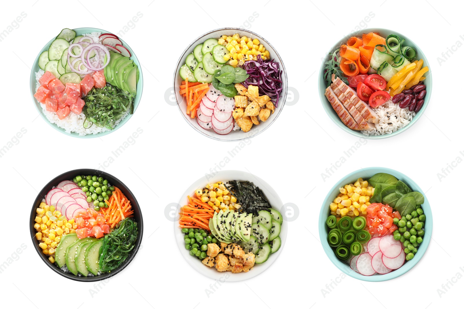 Image of Set of different poke bowls isolated on white, top view