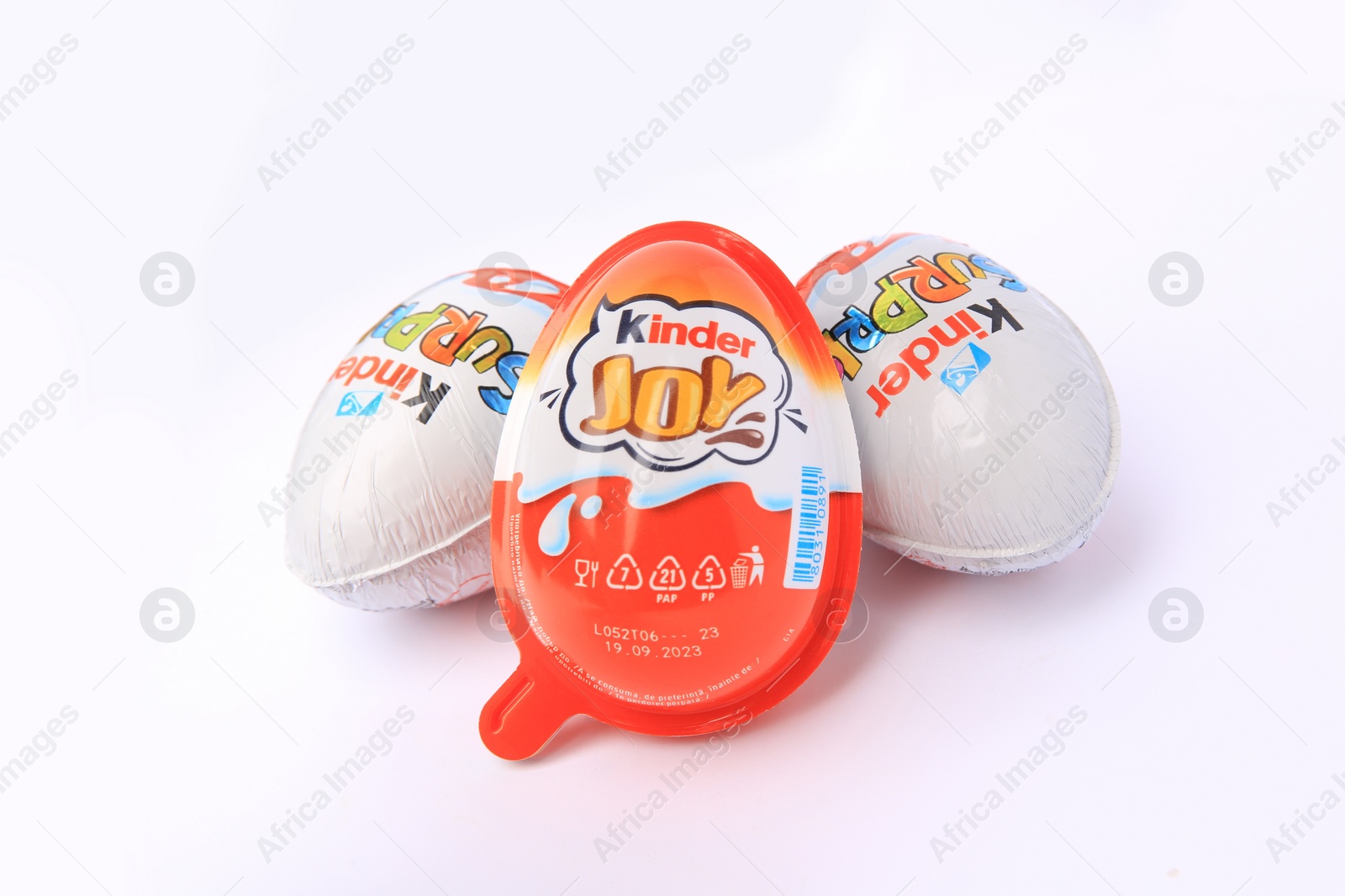 Photo of Slynchev Bryag, Bulgaria - May 24, 2023: Kinder Surprise and Joy Eggs on white background