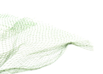 Fishing net on white background, closeup view