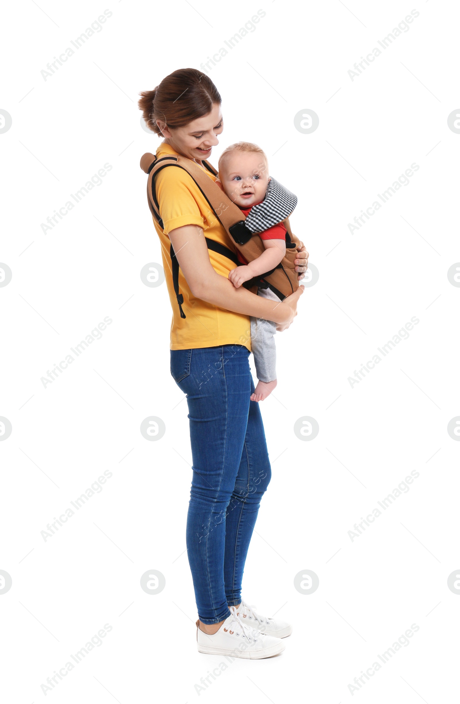 Photo of Woman with her son in baby carrier on white background