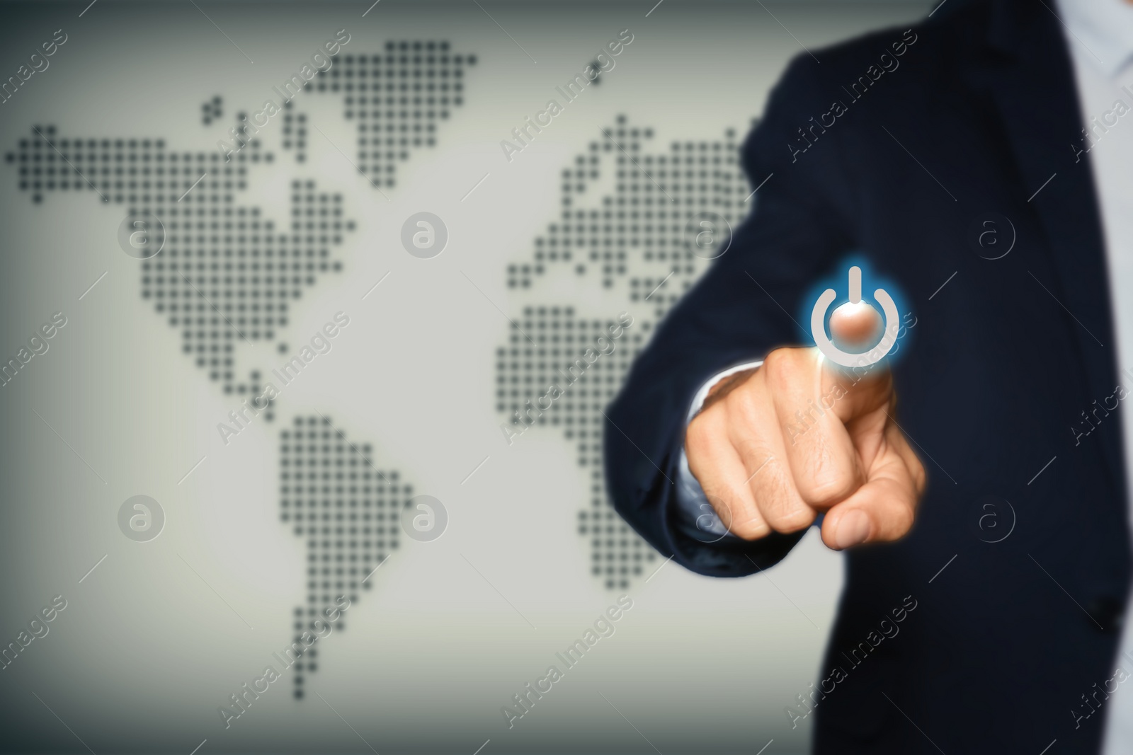 Image of Man pressing power button on virtual screen, closeup 