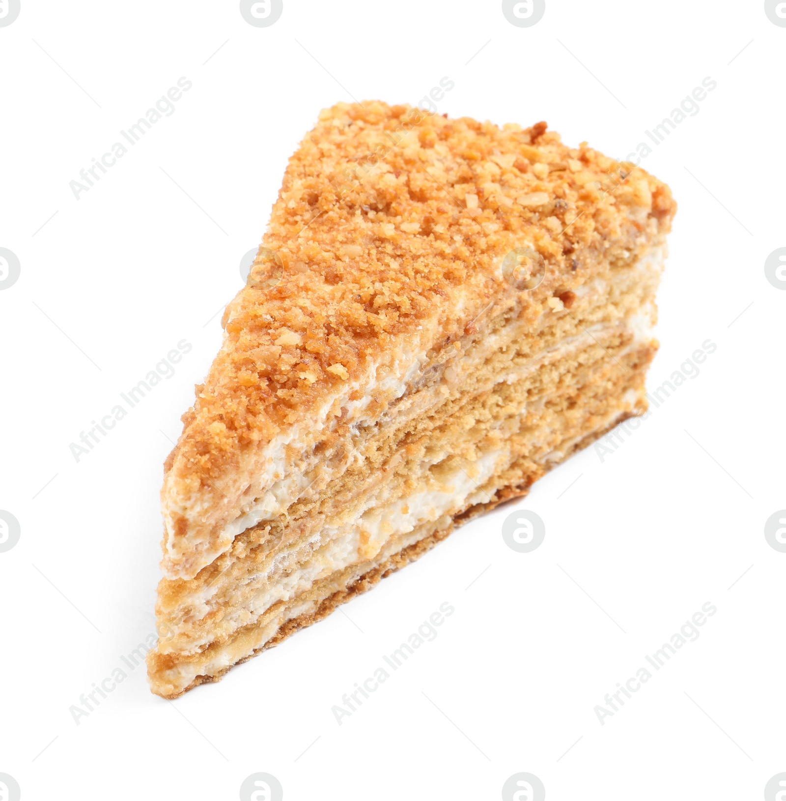 Photo of Slice of delicious honey cake isolated on white