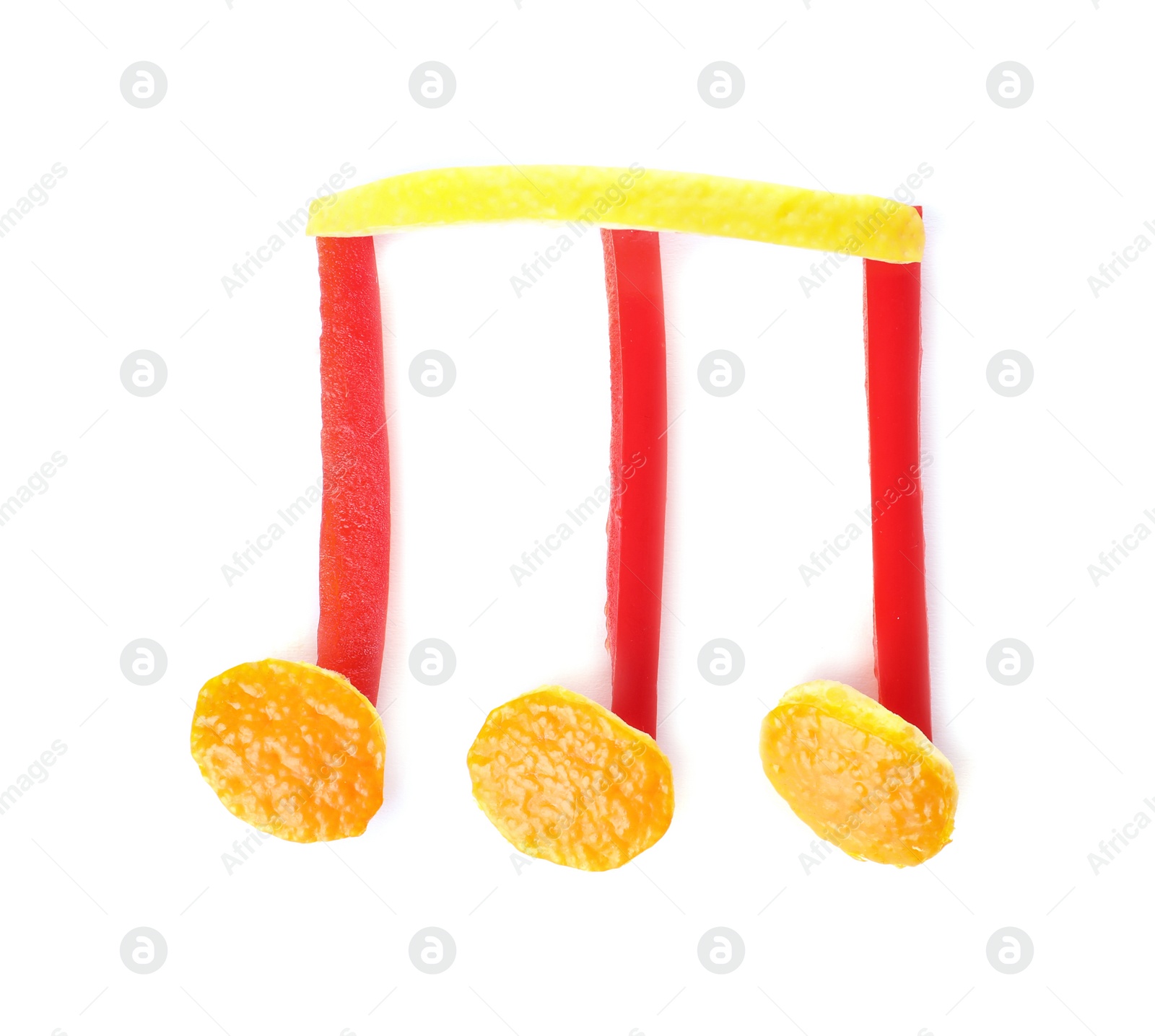 Photo of Musical note made of vegetables and fruits on white background, top view