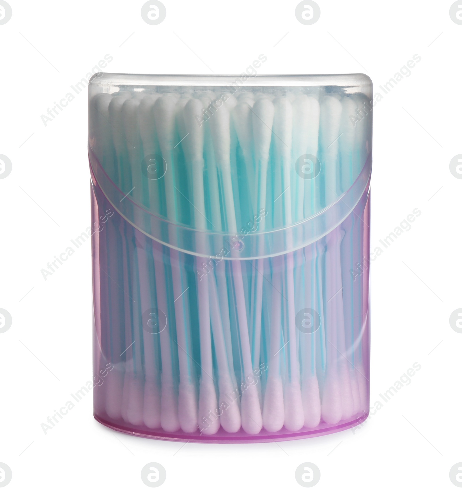 Photo of Plastic container with cotton swabs on white background