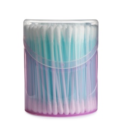 Photo of Plastic container with cotton swabs on white background