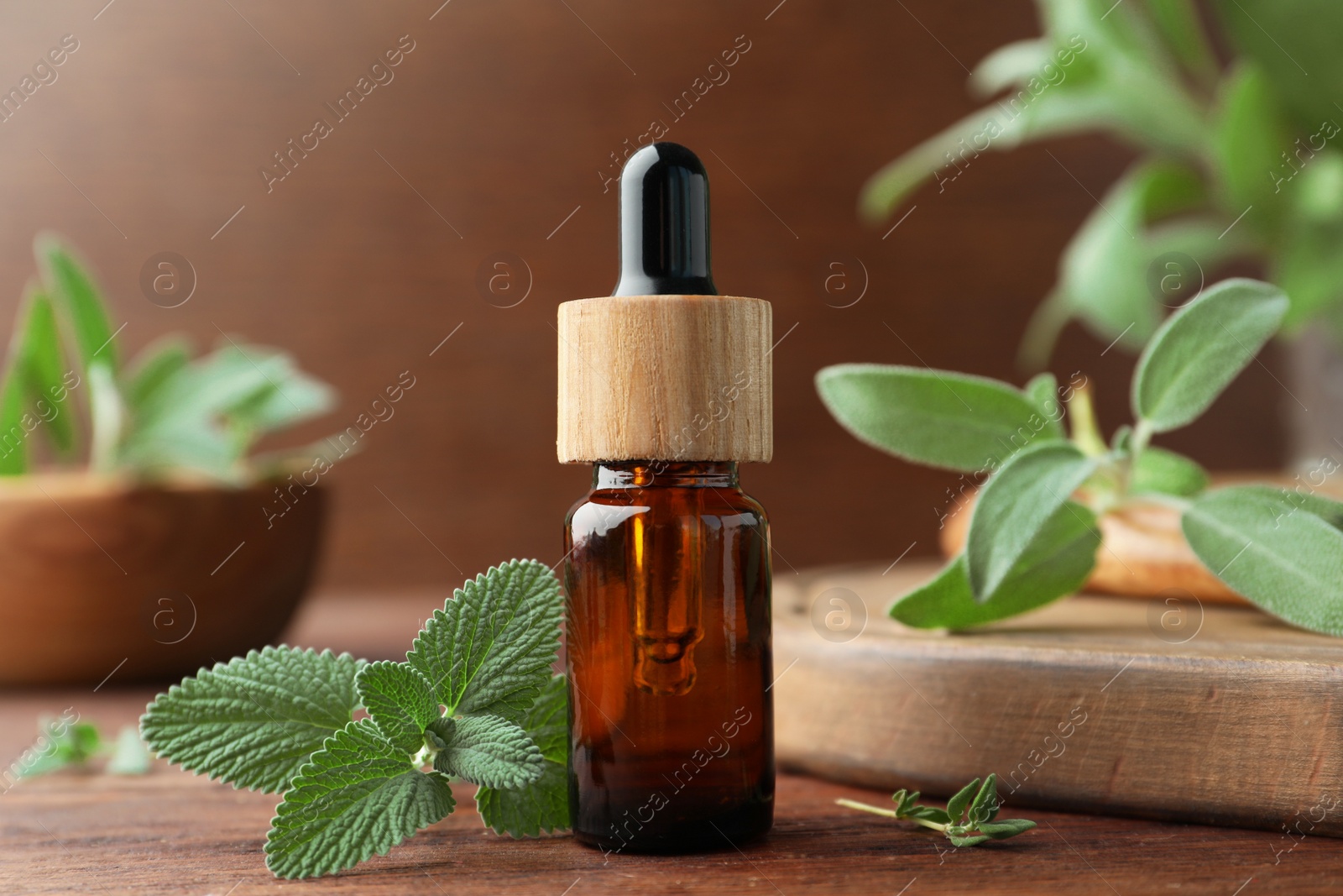 Photo of Bottle of essential oil and fresh herbs on wooden table