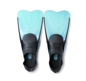 Photo of Pair of blue flippers on white background, top view