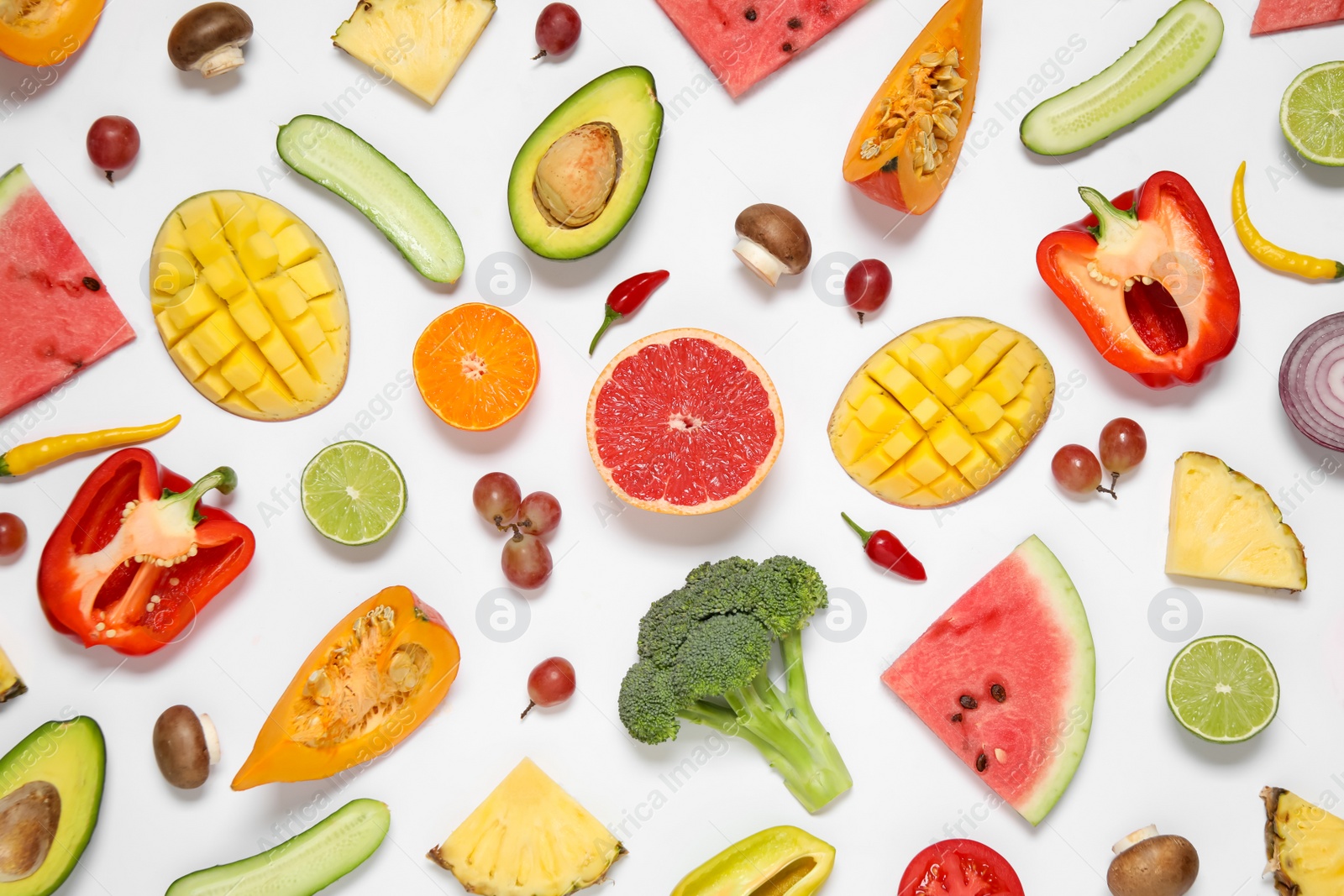 Photo of Composition with fresh organic fruits and vegetables on white background, top view