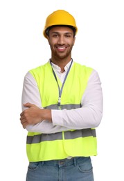 Engineer in hard hat on white background