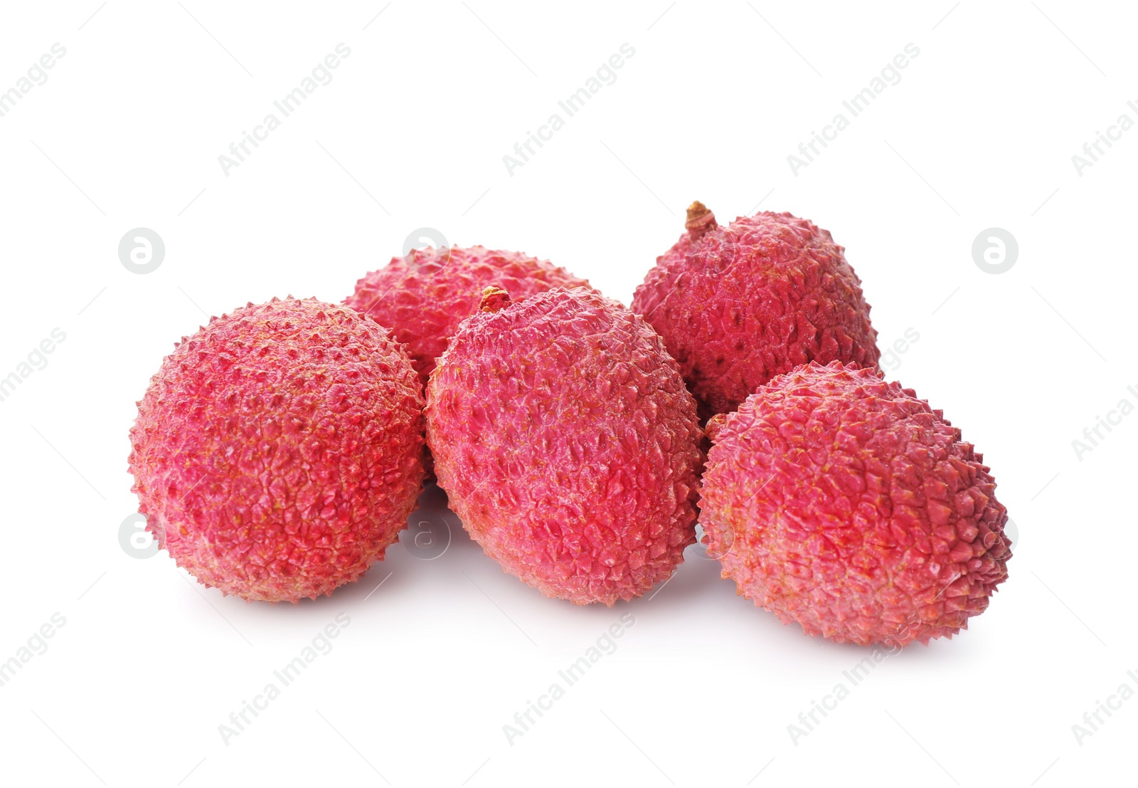 Photo of Pile of fresh ripe lychees on white background