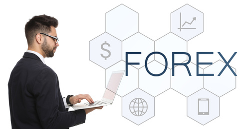 Businessman with laptop on white background. Forex trading