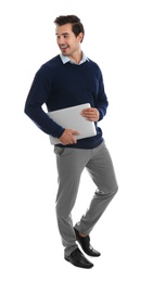 Photo of Young male teacher with laptop on white background