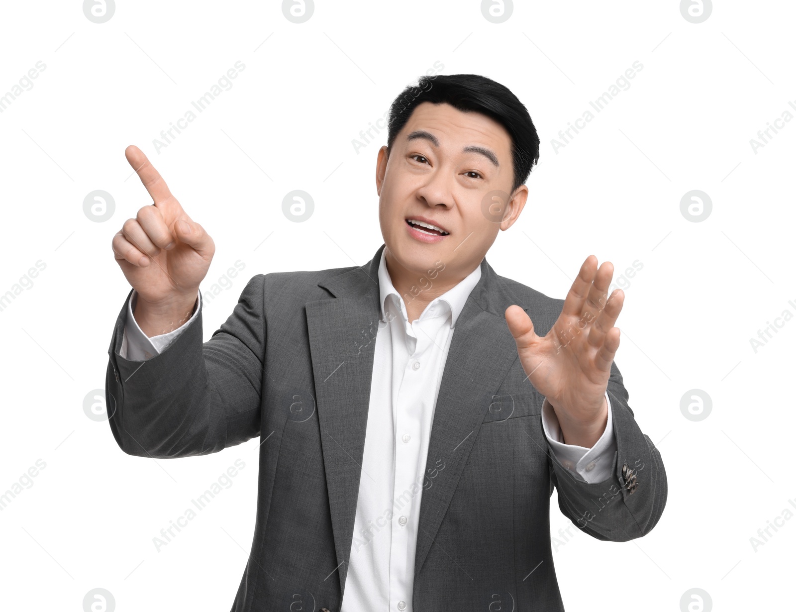 Photo of Businessman in suit posing on white background