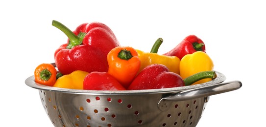 Photo of Metal colander with fresh peppers isolated on white