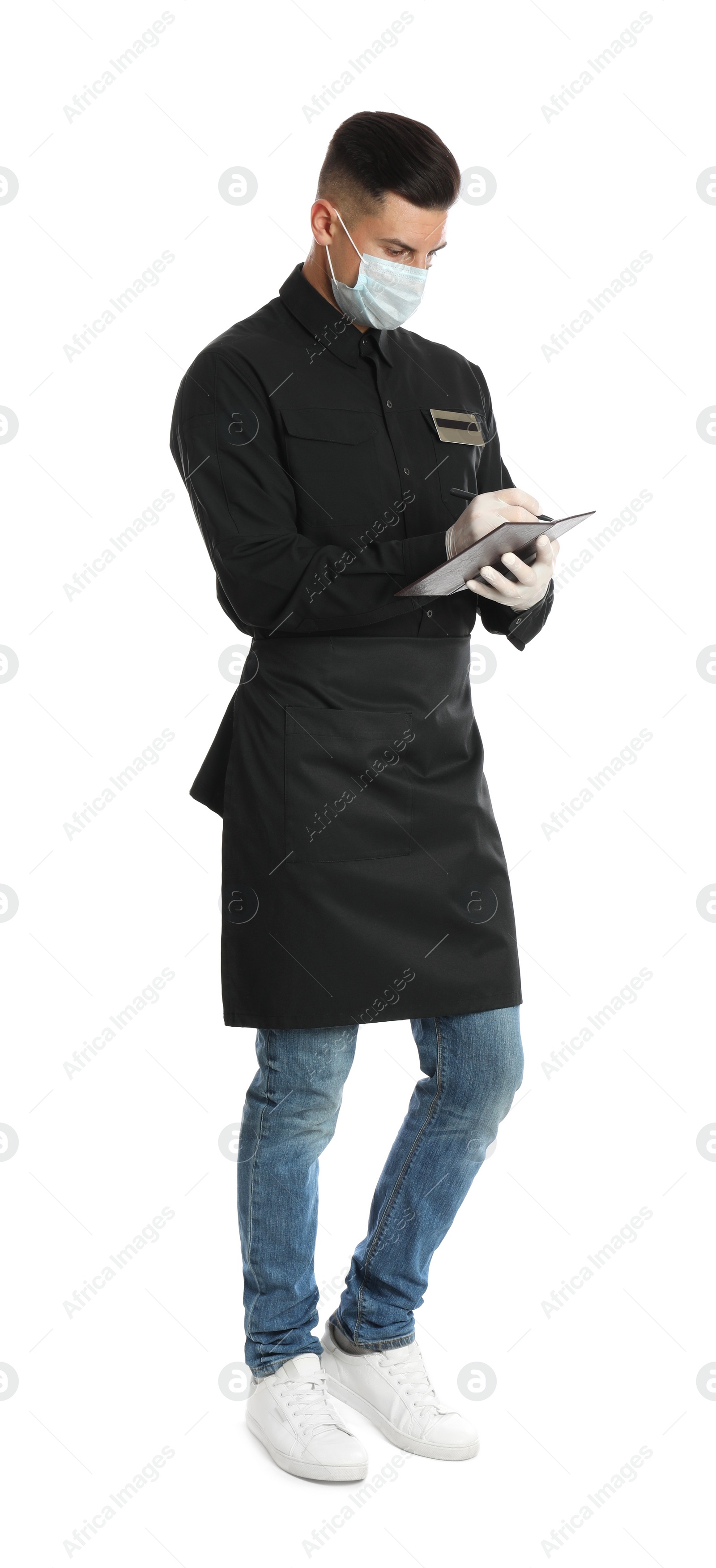 Photo of Waiter in medical face mask taking order on white background