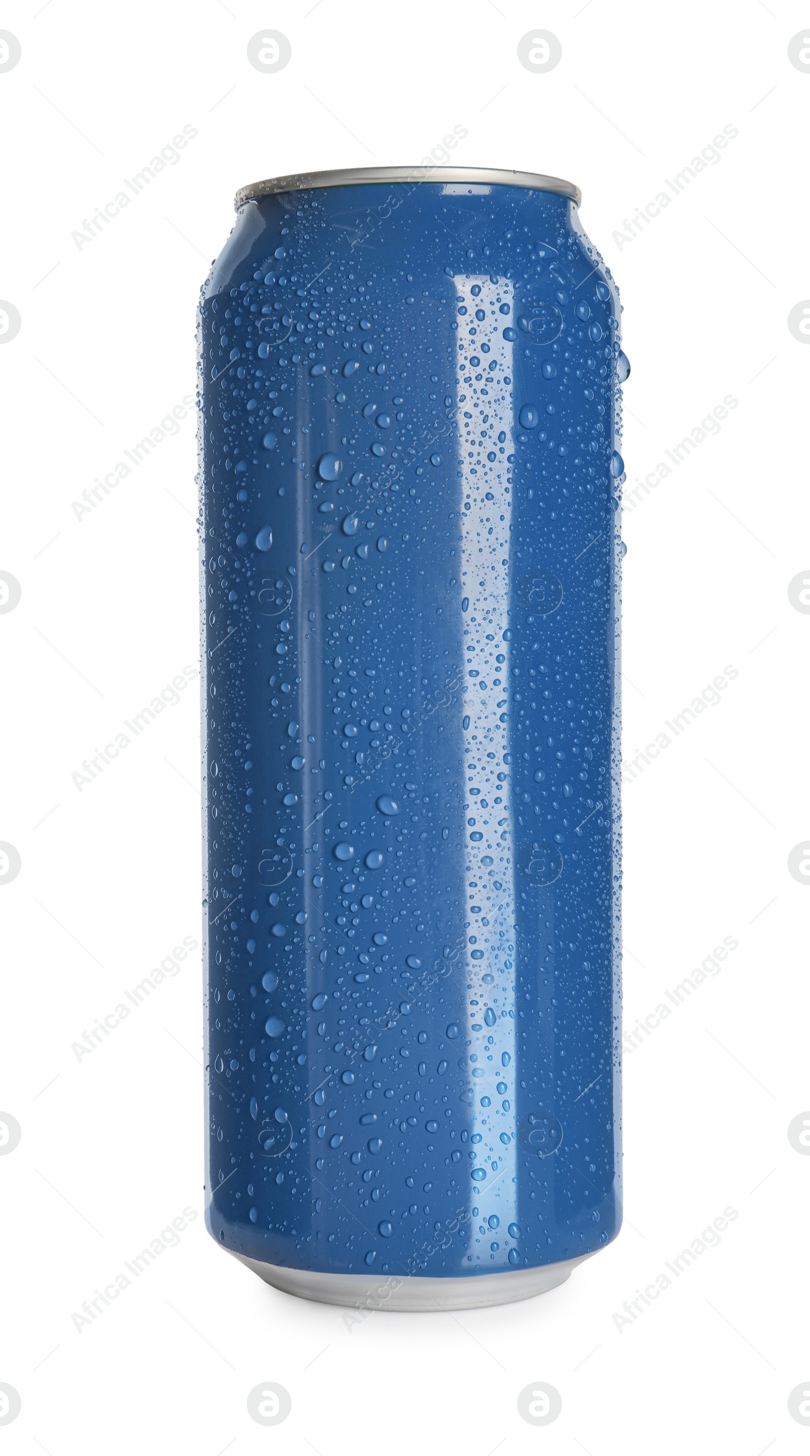 Photo of Blue aluminum can with water drops isolated on white. Mockup for design