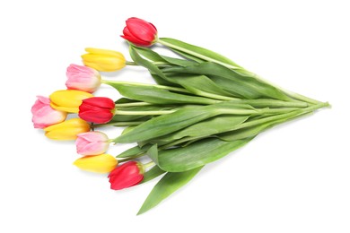 Beautiful colorful tulips on white background, top view