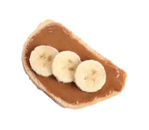 Photo of Toast with tasty nut butter and banana slices isolated on white, top view