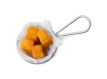 Tasty fried mozzarella sticks in metal basket isolated on white, top view