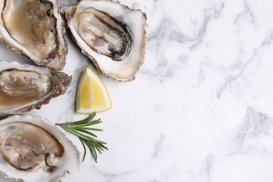 Photo of Fresh oysters with lemon and rosemary on white marble table, flat lay. Space for text