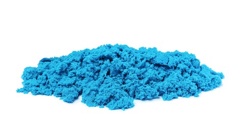 Photo of Pile of blue kinetic sand on white background