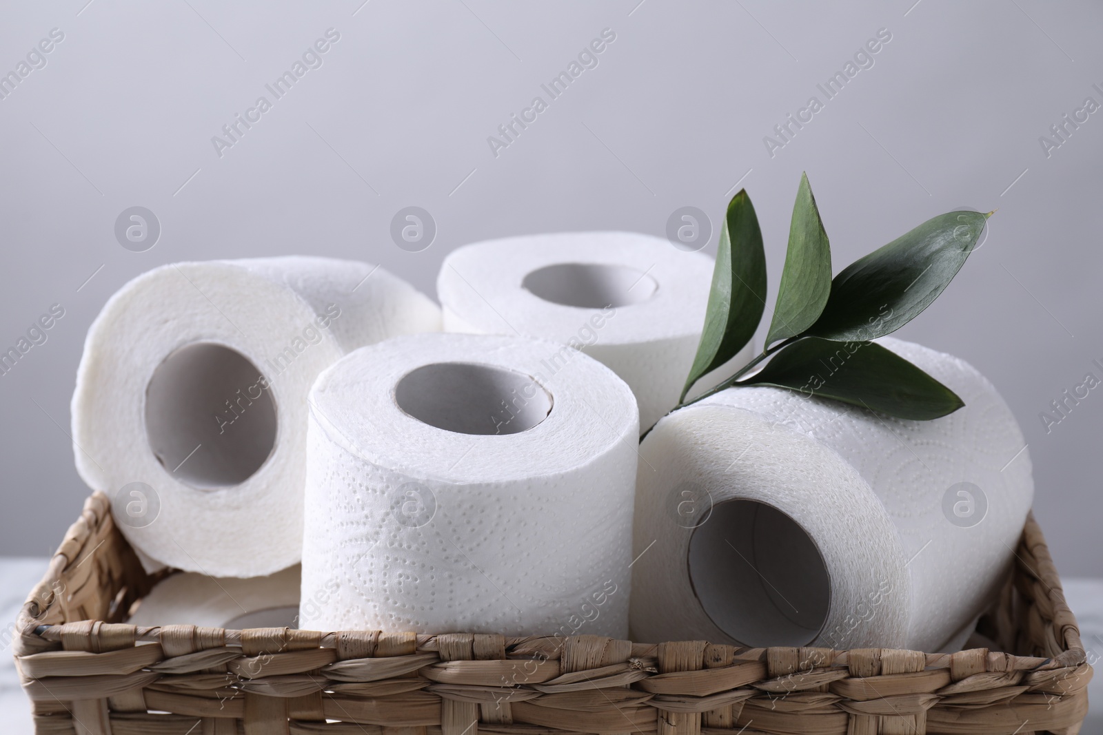 Photo of Toilet paper rolls and green leaves in wicker basket against light grey wall