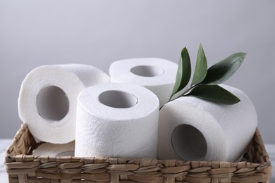 Toilet paper rolls and green leaves in wicker basket against light grey wall