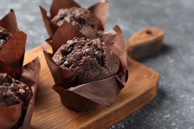 Tasty chocolate muffins on grey table, closeup