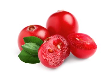 Image of Fresh ripe red cranberries and green leaves on white background