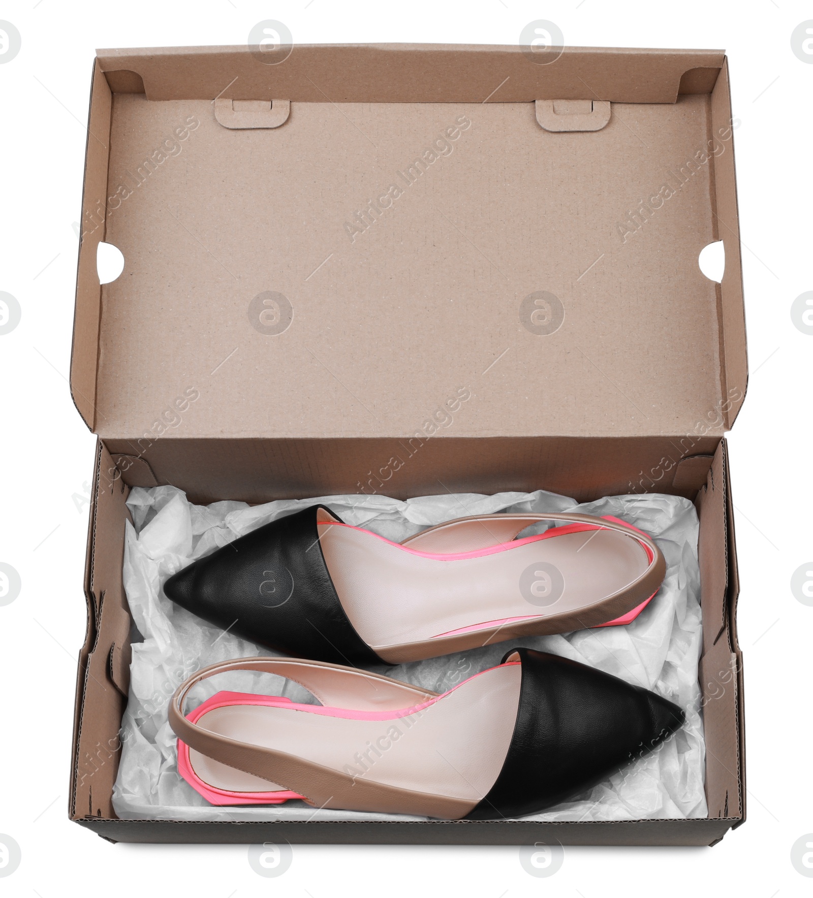 Photo of Pair of stylish shoes in cardboard box on white background, top view