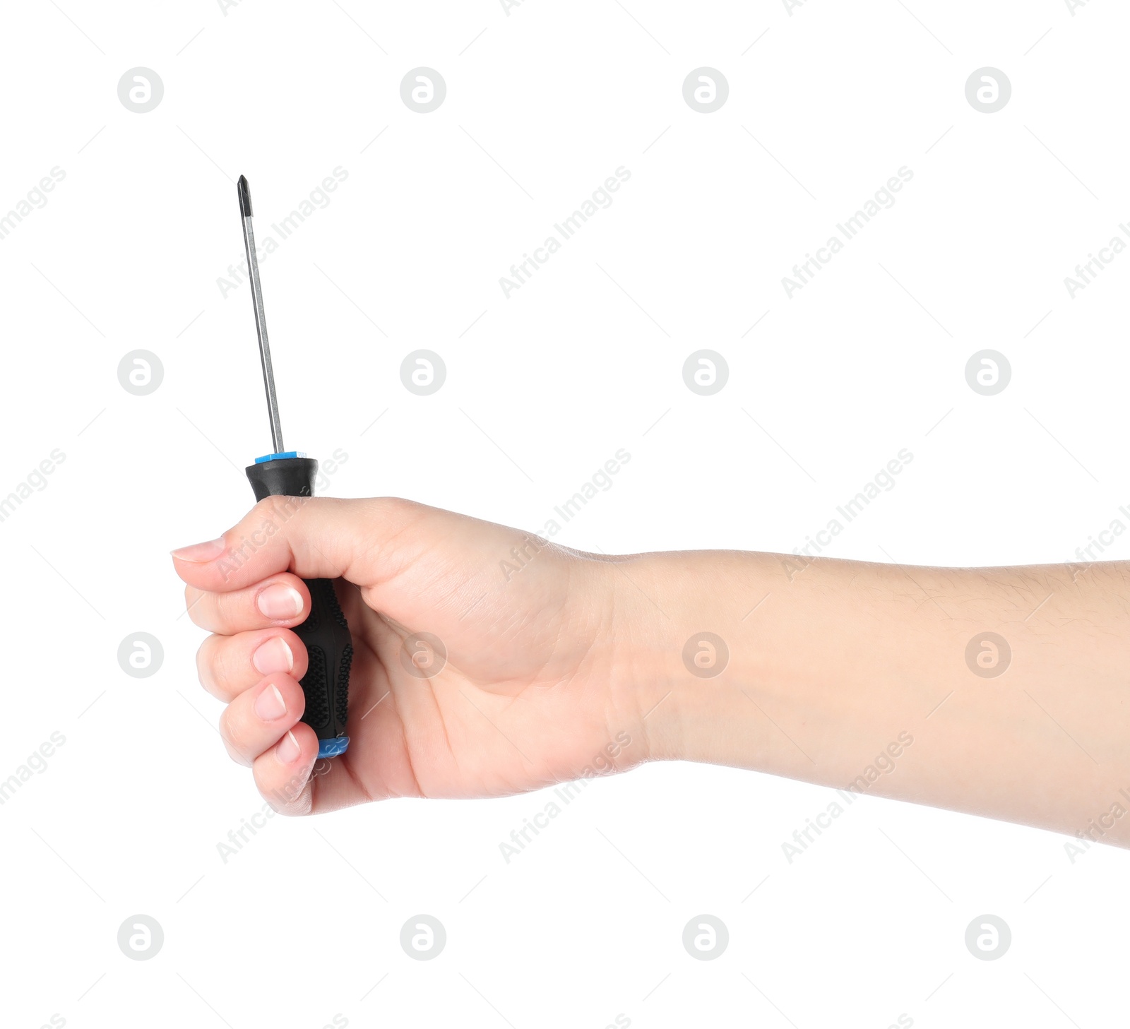 Photo of Woman holding screwdriver on white background, closeup